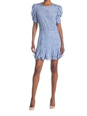 Veronica Beard Lila Silk Dress Blue Floral Print Puff Sleeve Mini Dress 14